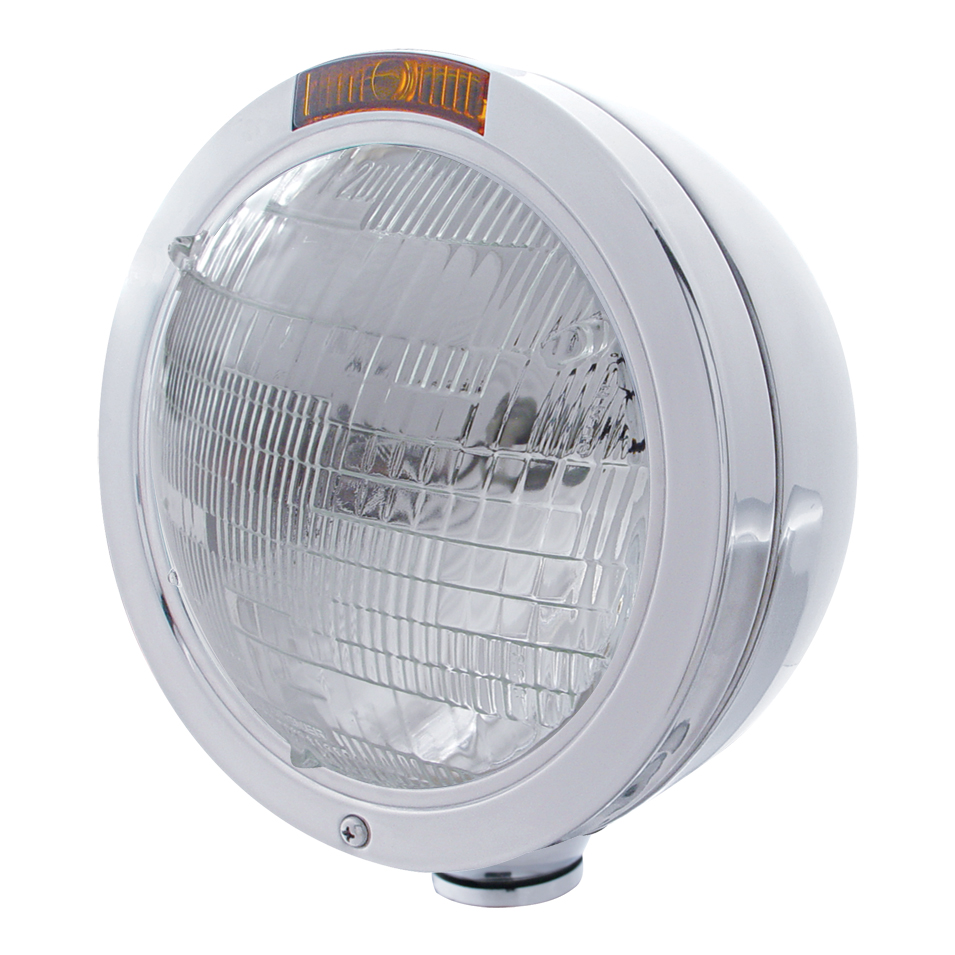 Stainless Steel Peterbilt "Bullet" 6014 Sealed Beam Headlight W/ 4 Amber Led Signal Light - Amber Lens