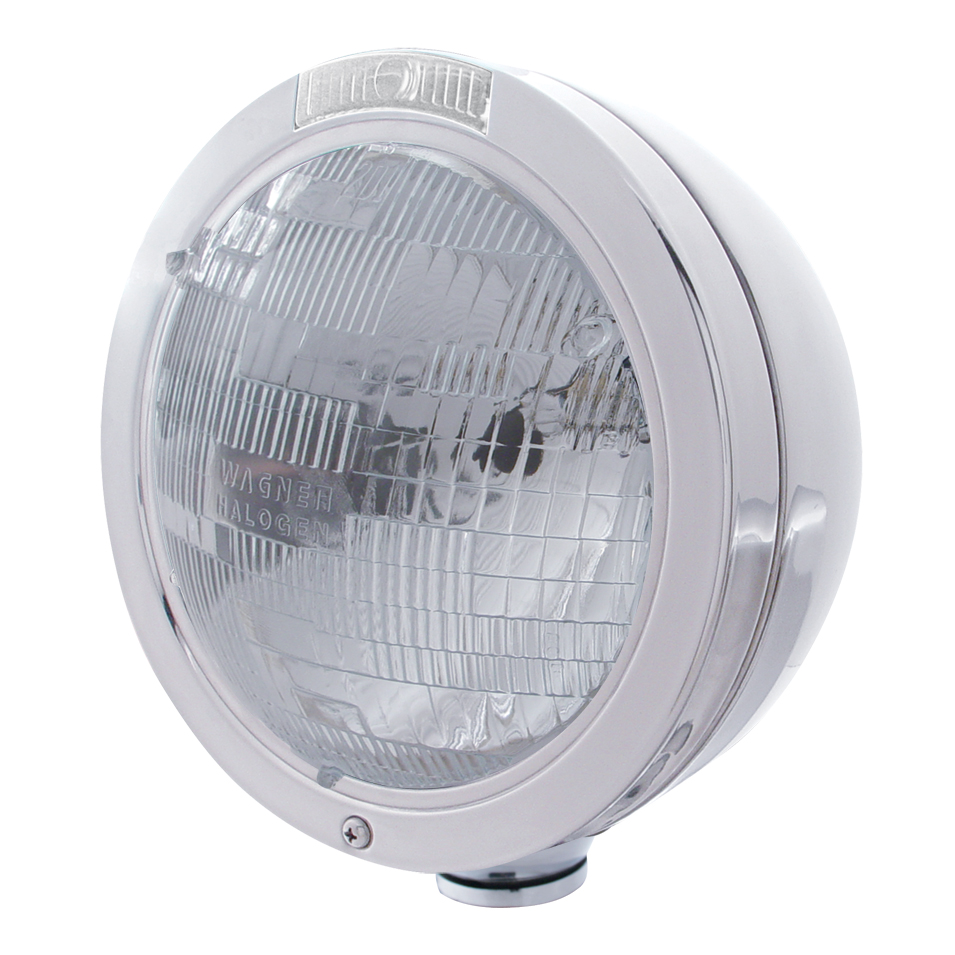 Stainless Steel Peterbilt "Bullet" H6024 Halogen Headlight W/ 4 Amber Led Signal Light - Clear Lens