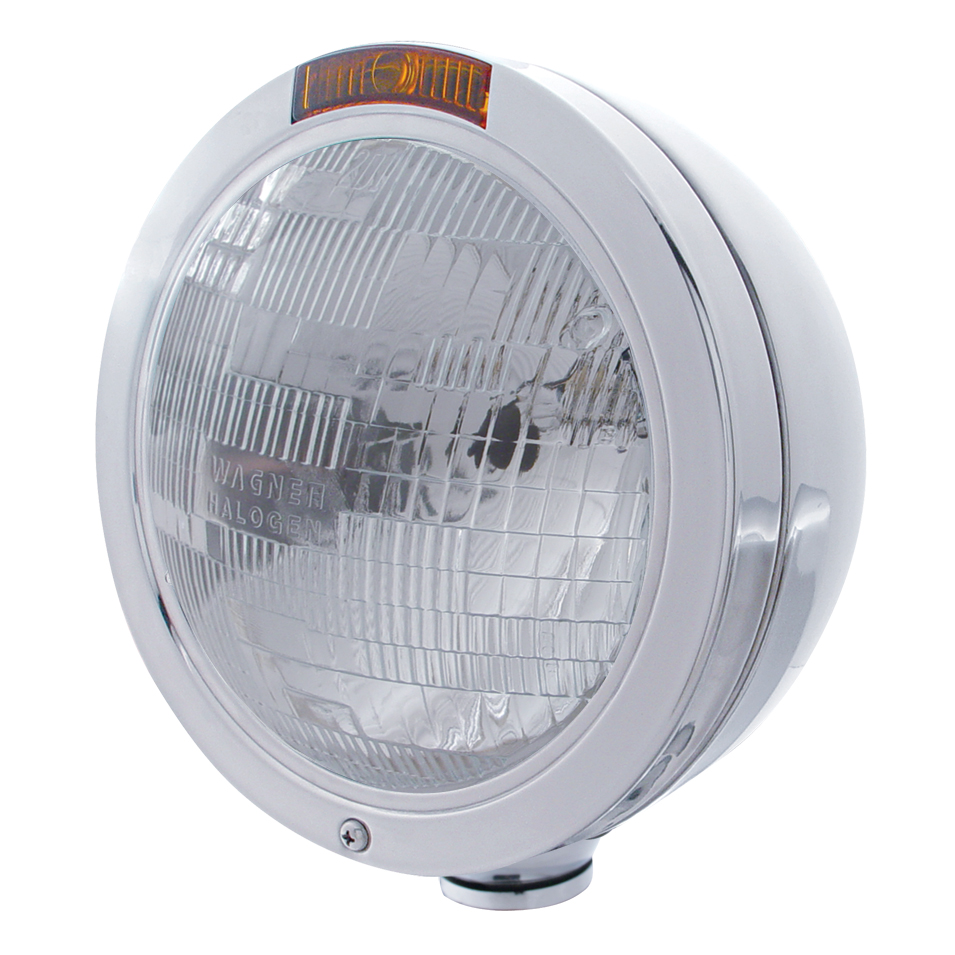 Stainless Steel Peterbilt "Bullet" H6024 Halogen Headlight W/ 4 Amber Led Signal Light - Amber Lens