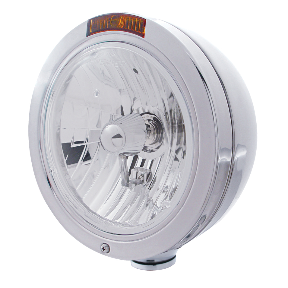 Stainless Steel Peterbilt "Bullet" Crystal H4 Halogen Headlight W/ 4 Amber Led Signal Light - Amber Lens