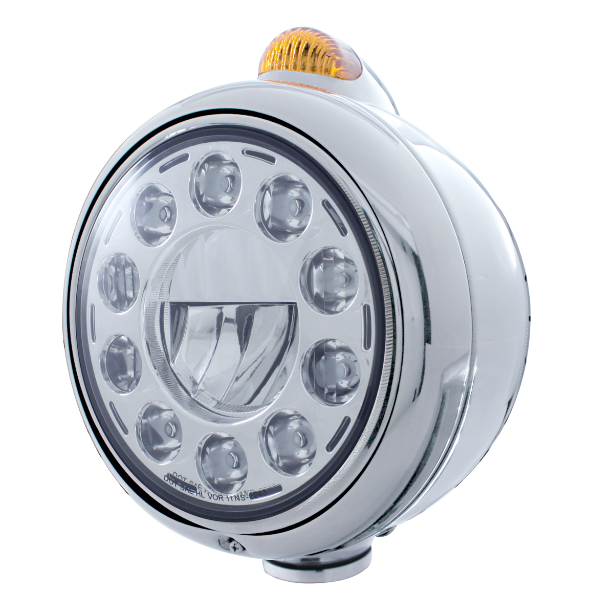 Cr "Guide" Peterbilt 11 High Power Led Crystal Headlight W/ 5 Amber Led Dual Function Top Mount Light - Amber Lens