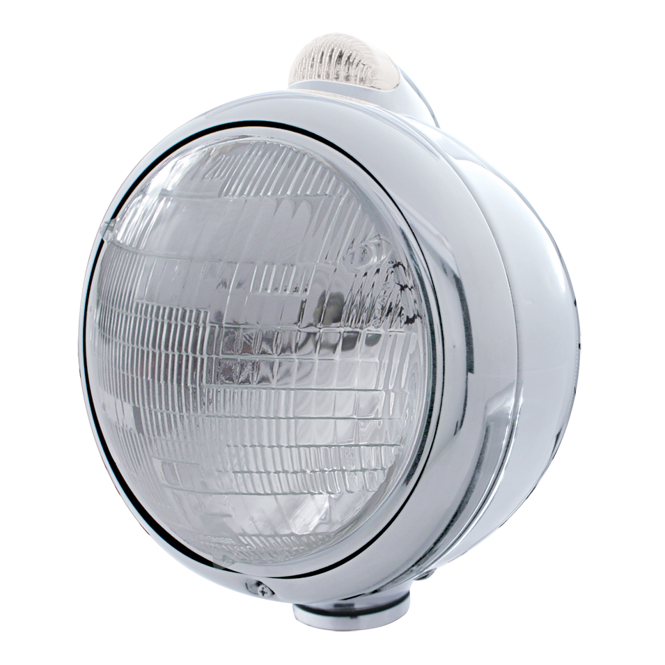 Stainless Steel "Guide" Peterbilt 6014 Sealed Beam Headlight W/ 5 Amber Led Top Mount Light - Clear Lens