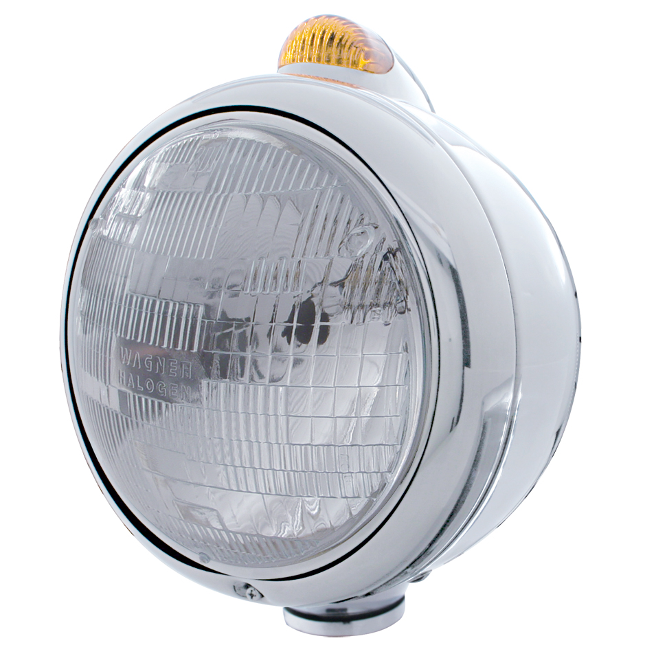 Stainless Steel "Guide" Peterbilt H6024 Halogen Headlight W/ 5 Amber Led Top Mount Light - Amber Lens