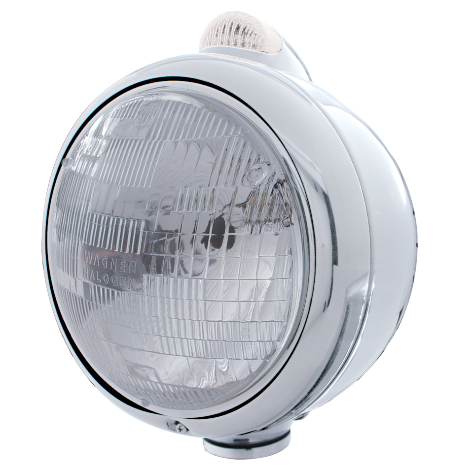 Stainless Steel "Guide" Peterbilt H6024 Halogen Headlight W/ 5 Amber Led Top Mount Light - Clear Lens
