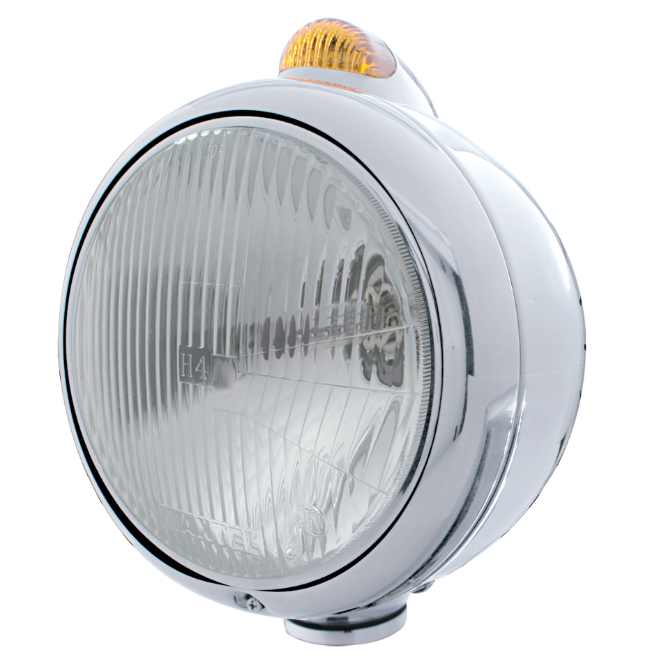 Stainless Steel "Guide" Peterbilt H4 Halogen Headlight W/ 5 Amber Led Top Mount Light - Amber Lens