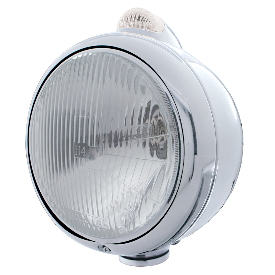 Stainless Steel "Guide" Peterbilt H4 Halogen Headlight W/ 5 Amber Led Top Mount Light - Clear Lens