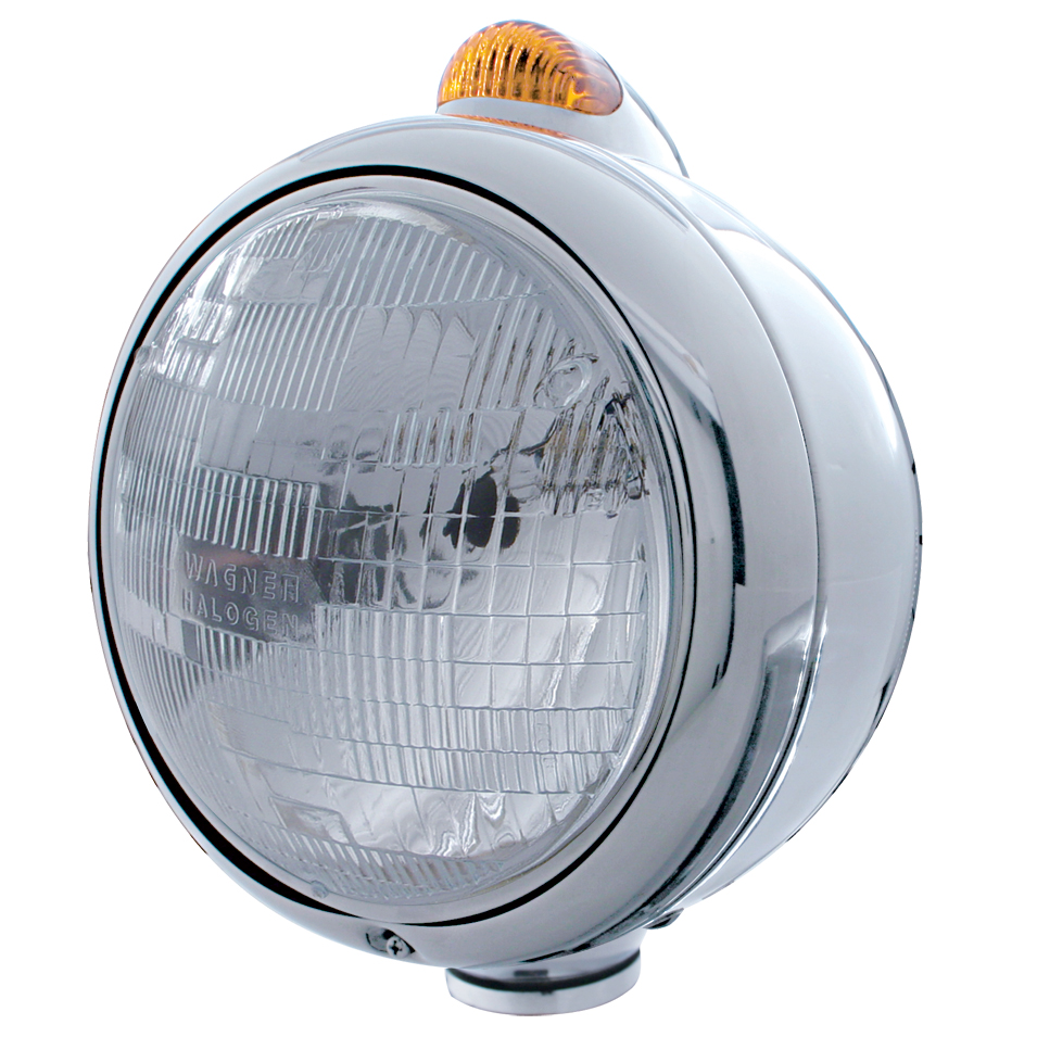 Chrome "Guide" Peterbilt H6024 Halogen Headlight W/ 5 Amber Led Top Mount Light - Amber Lens