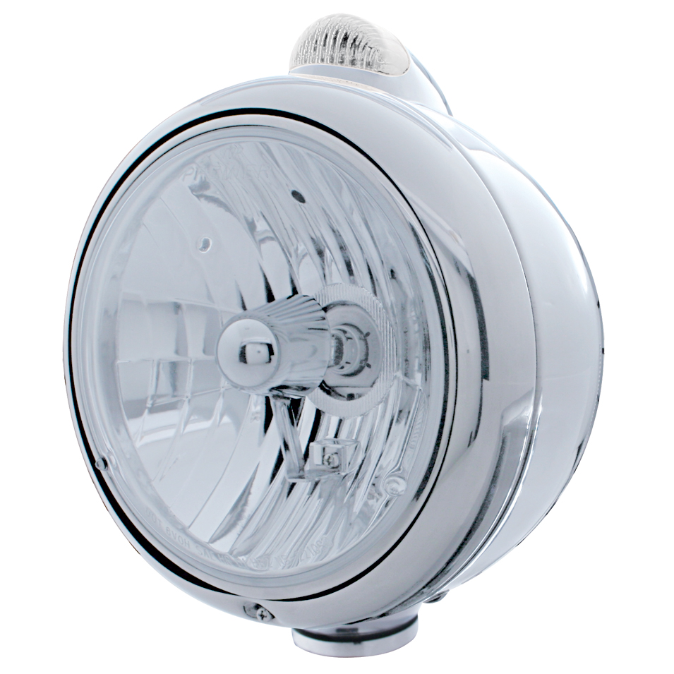Chrome "Guide" Peterbilt Crystal H4 Halogen Headlight W/ 5 Amber Led Top Mount Light - Clear Lens