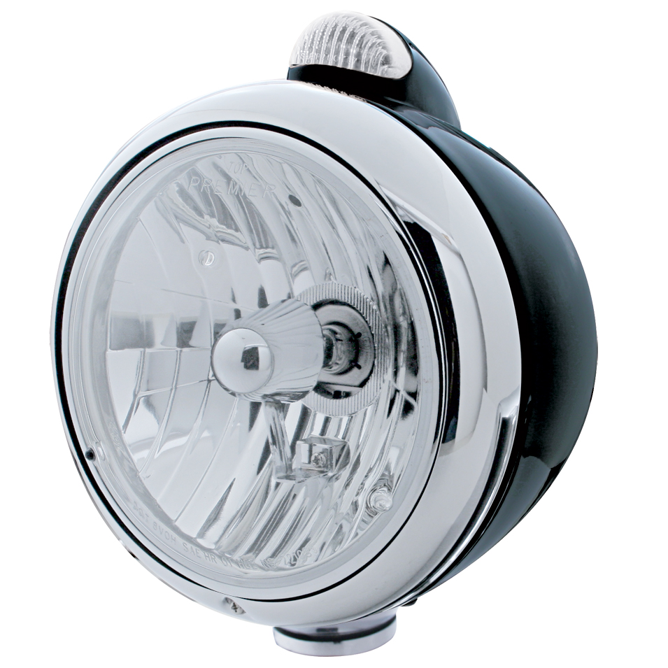 Black "Guide" Peterbilt Crystal H4 Halogen Headlight W/ 5 Amber Led Top Mount Light - Clear Lens