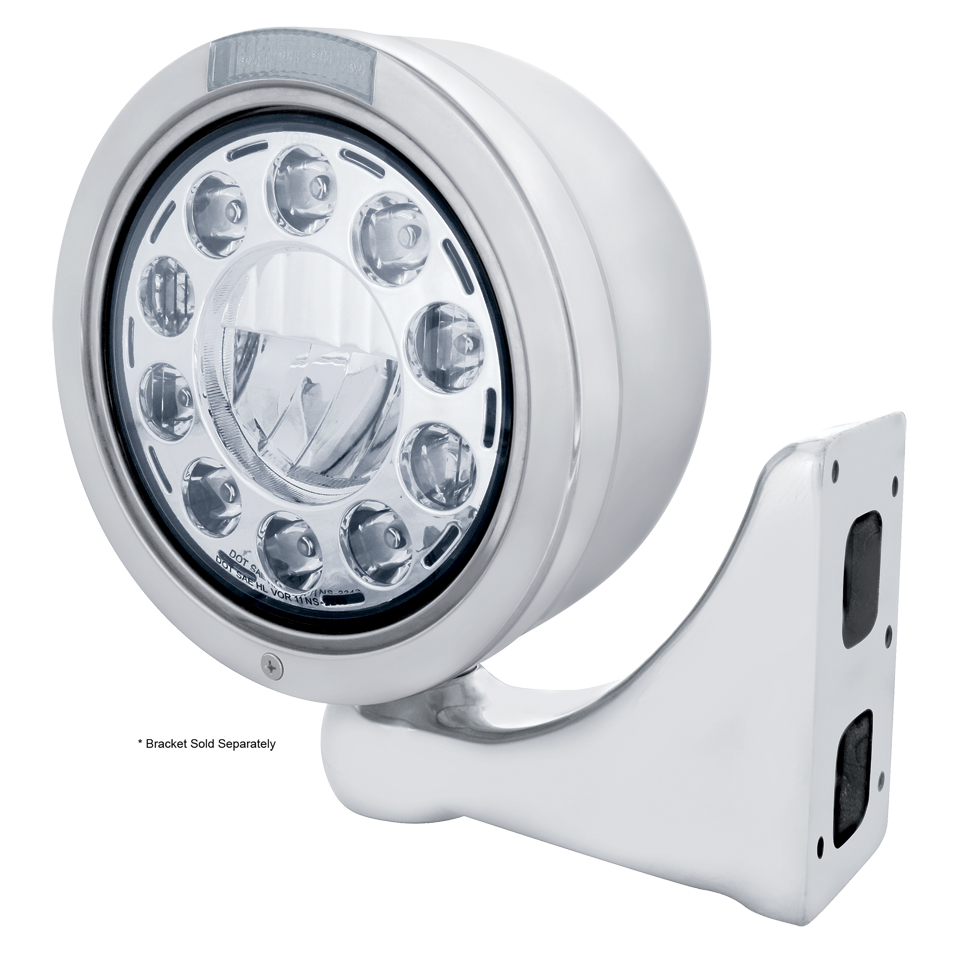 Stainless Steel "Bullet" Half-Moon Peterbilt 11 High Power Led Crystal Headlight W/ 4 Amber Led Signal Light - Clear Lens