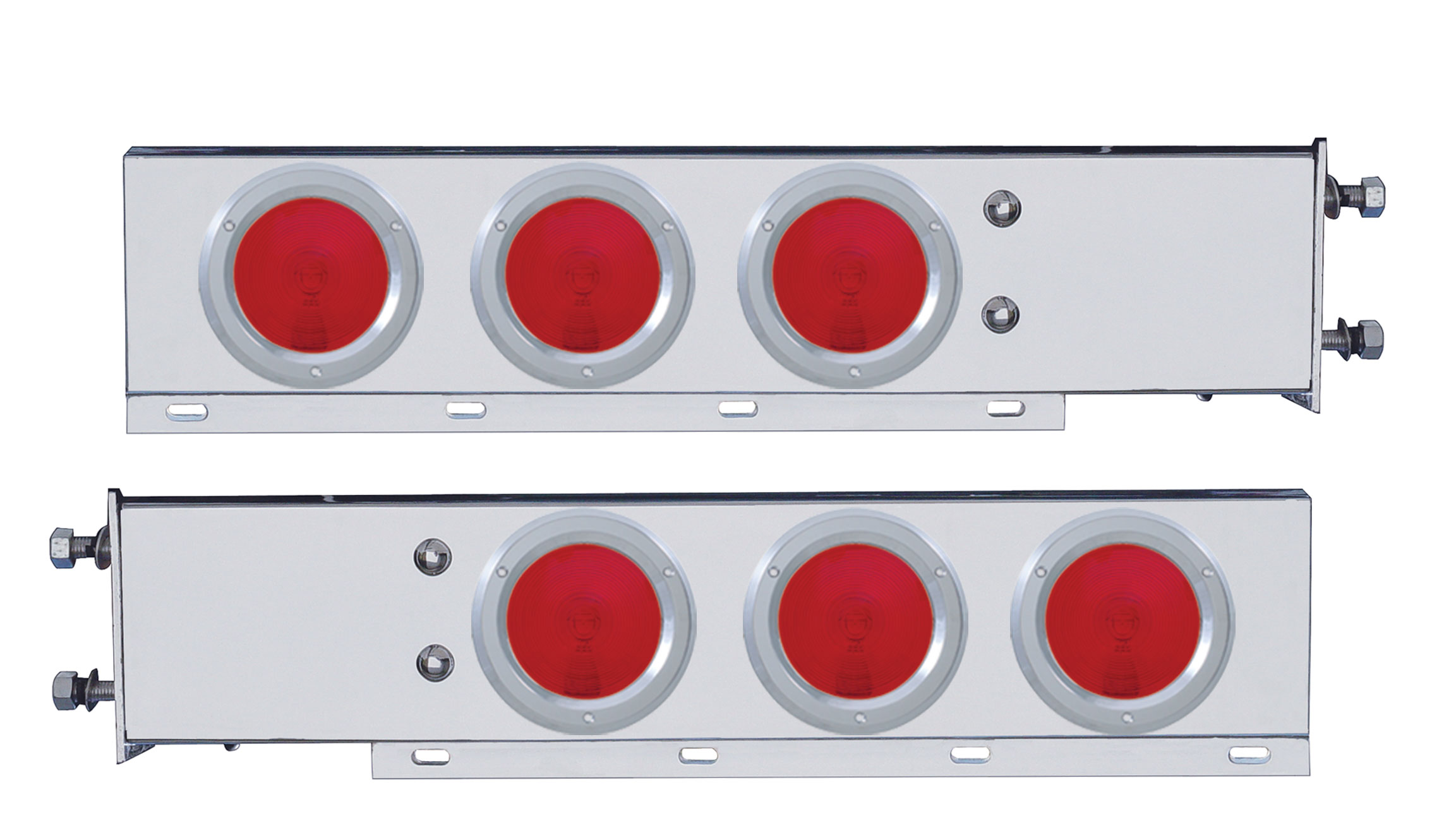 (2/Bulk) Chrome Spring Loaded Rear Light Bar W/ Six Incandescent 4" Red Round Light W/ Bezel - 3 3/4" Red B.P.