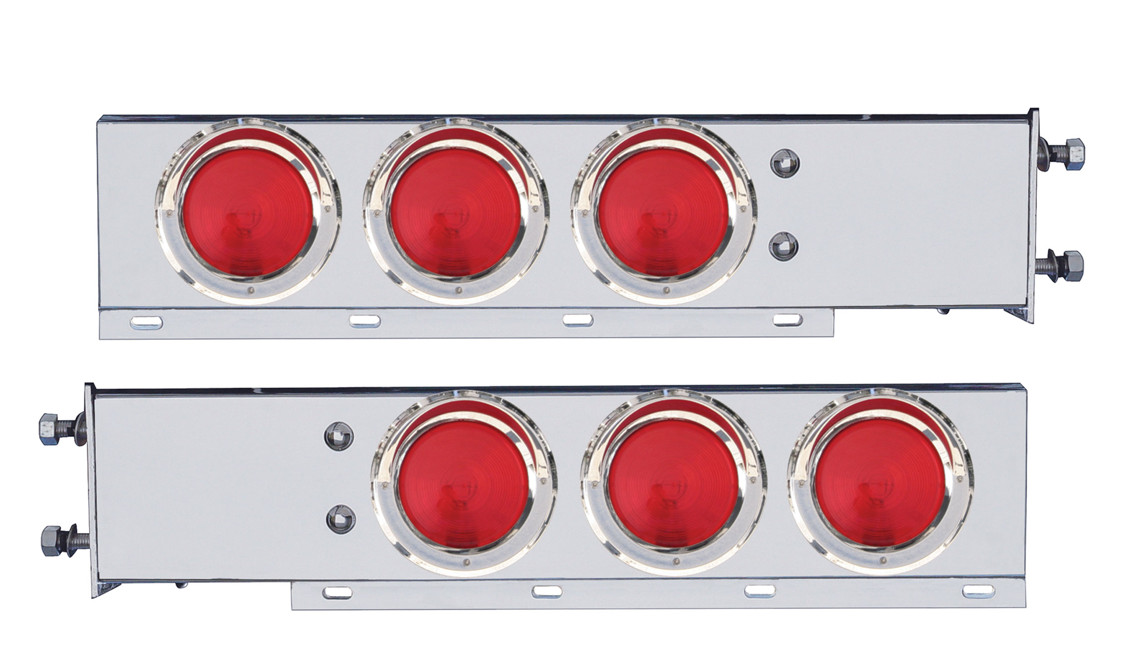 (2/Bulk) Chrome Spring Loaded Rear Light Bar W/ 6 Incandescent 4" Red Round Light W/ Visor - 3 3/4" Red Bolt Pattern
