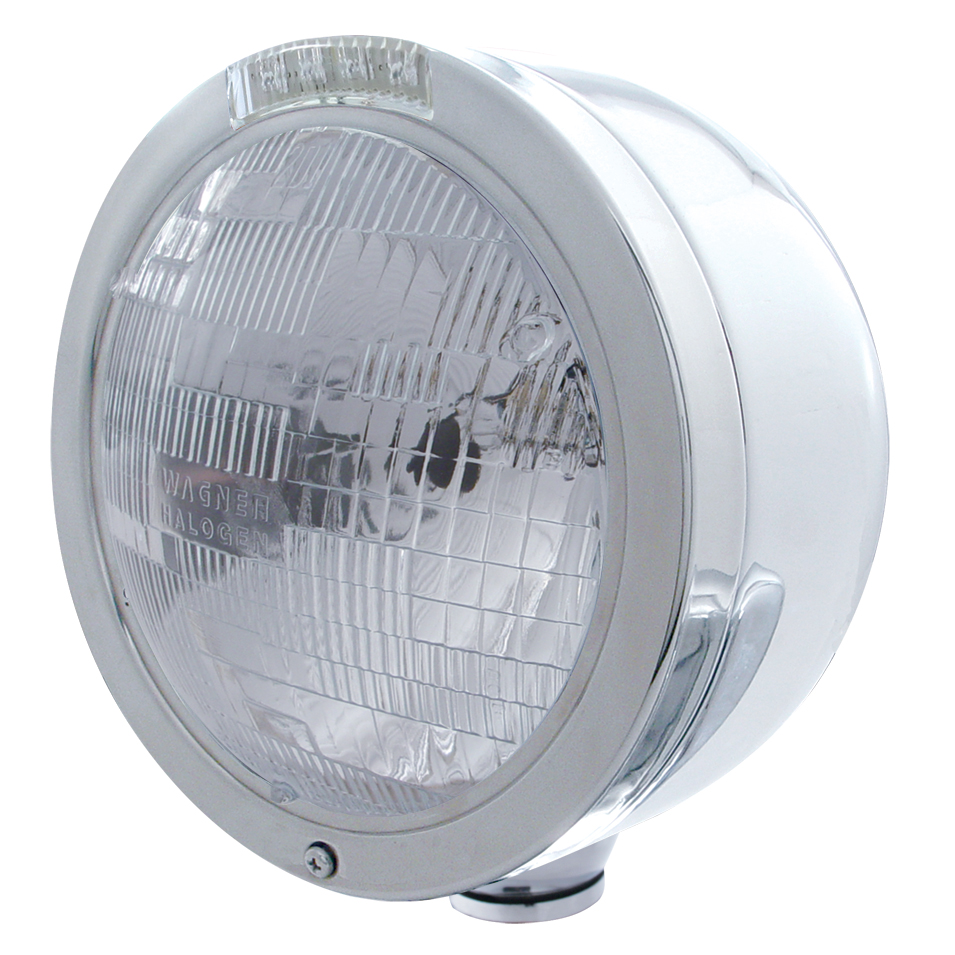 Stainless Steel "Bullet" Half-Moon Peterbilt H6024 Halogen Headlight W/ 4 Amber Led Signal Light - Clear Lens