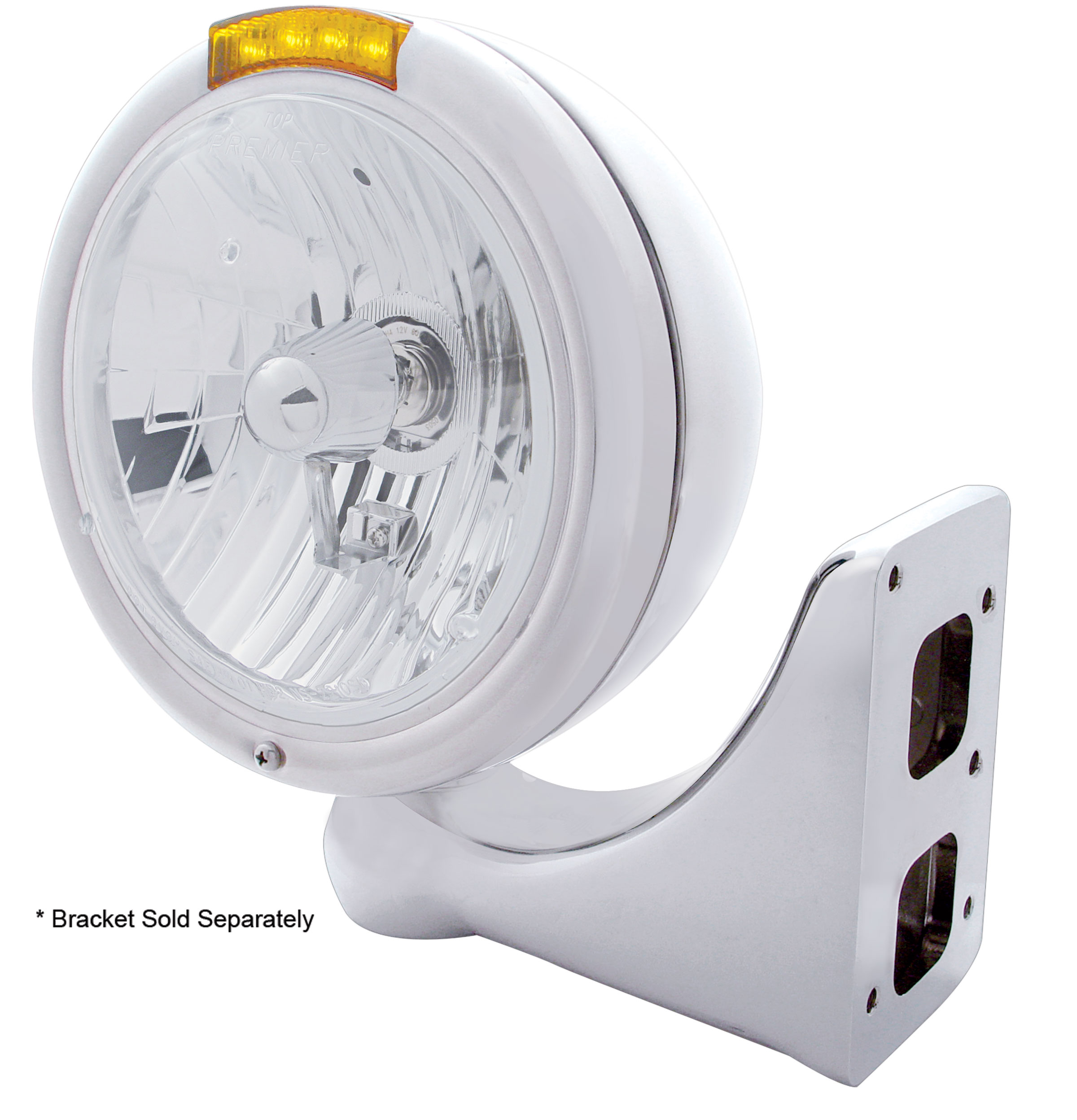 Chrome "Classic" Peterbilt Crystal H4 Halogen Headlight W/ 4 Amber Led Signal Light - Amber Lens