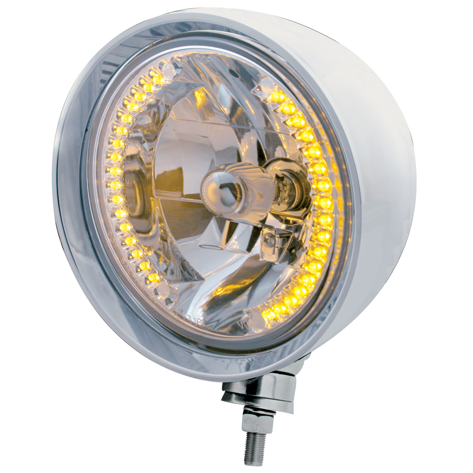 Stainless Steel Motorcycle "Rebel" Headlight W/ 7" Round Headlight Bulb - 34 Amber Led Crystal Halogen
