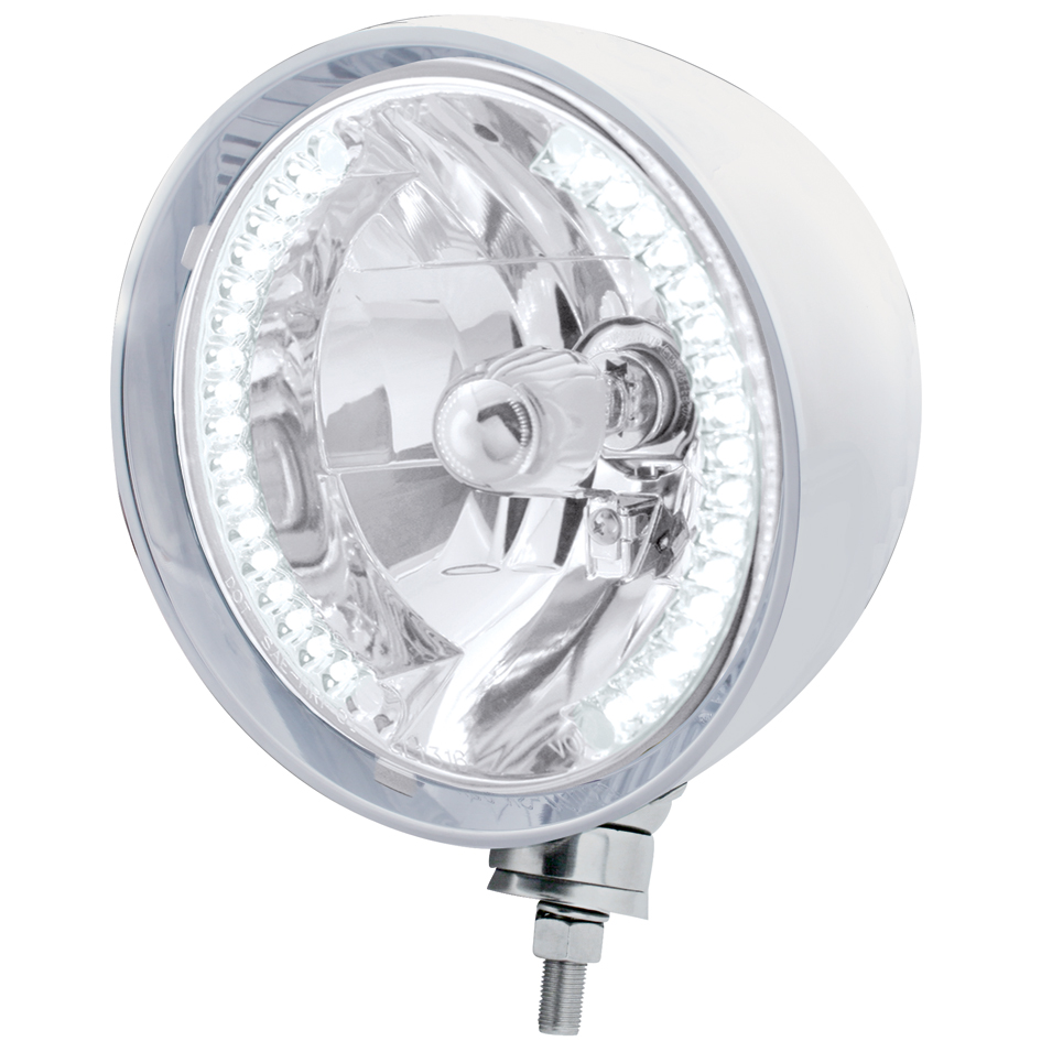 Stainless Steel Motorcycle "Rebel" Headlight W/ 7" Round Headlight Bulb - 34 White Led Crystal Halogen