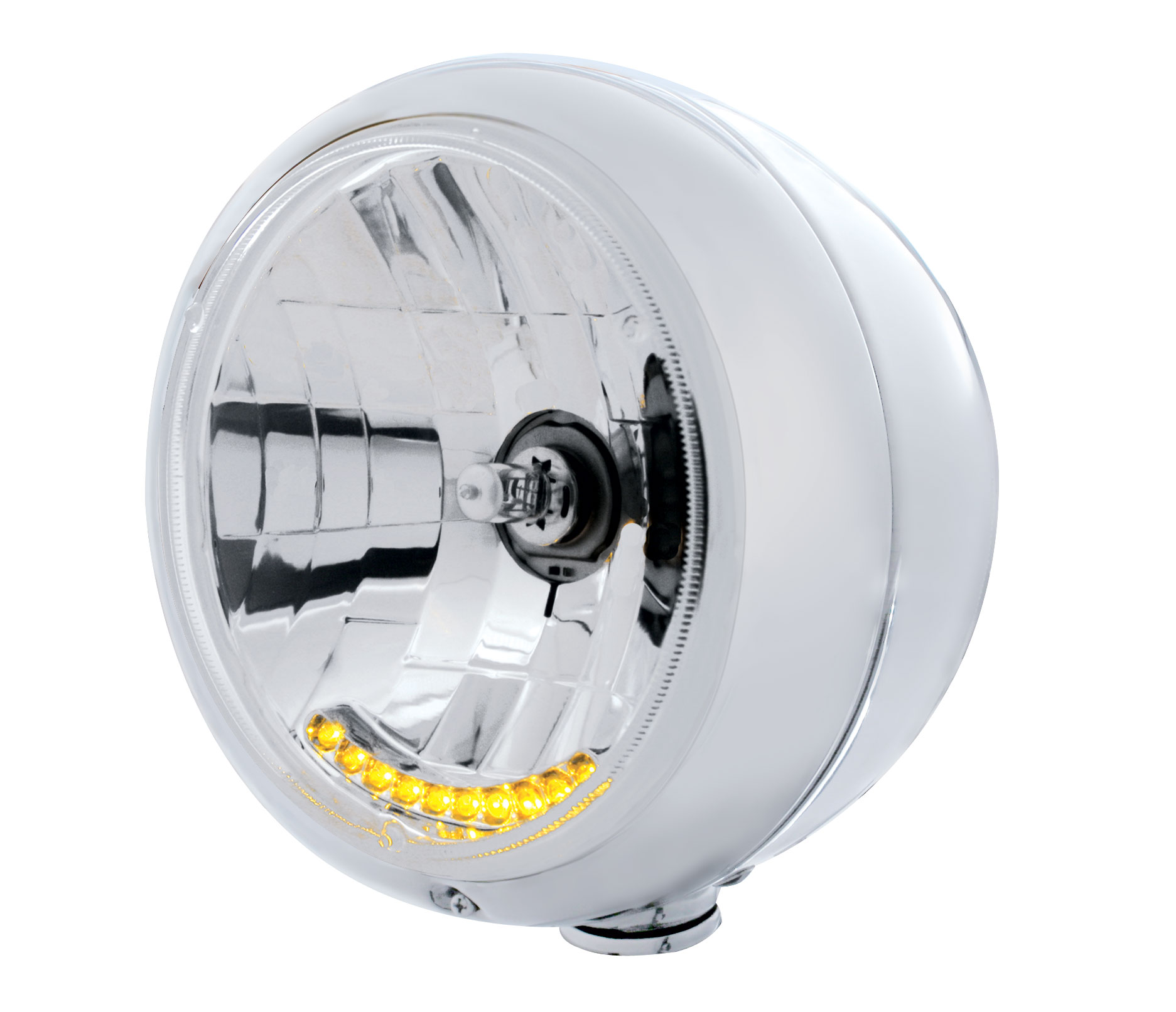 Chrome Classic "Guide" Headlight With 10 Amber Led Crystal Halogen Headlight Bulb