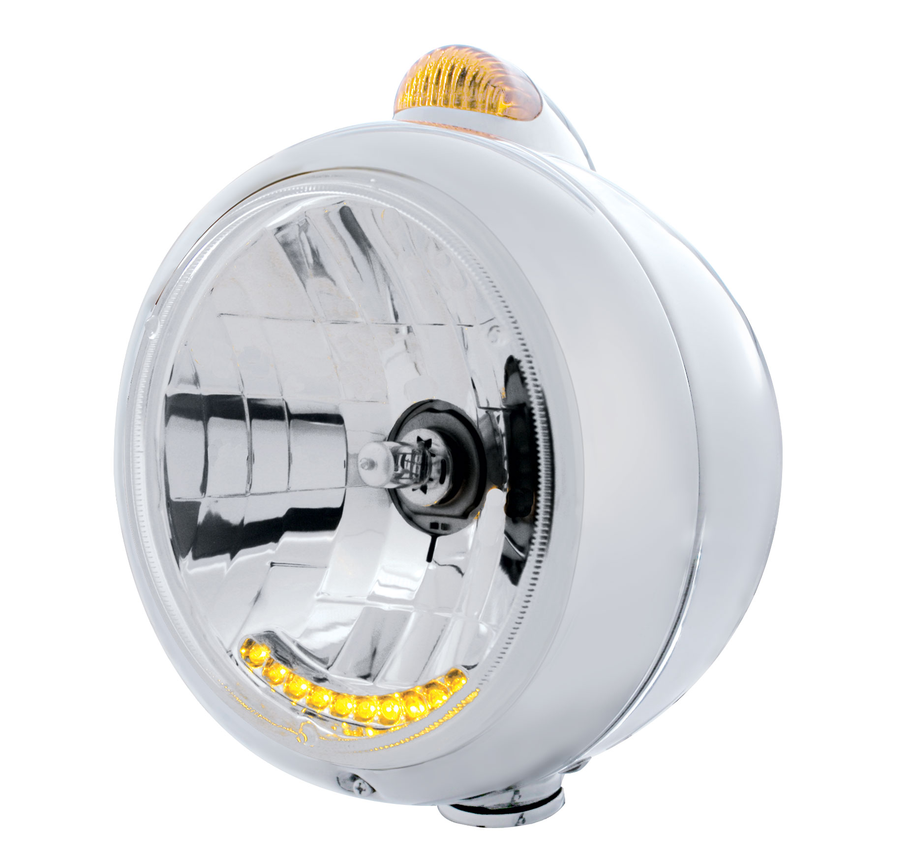Stainless Steel "Guide" Headlight W/ Amber Dual Function Top Mount Light - 10 Amber Led Crystal Halogen