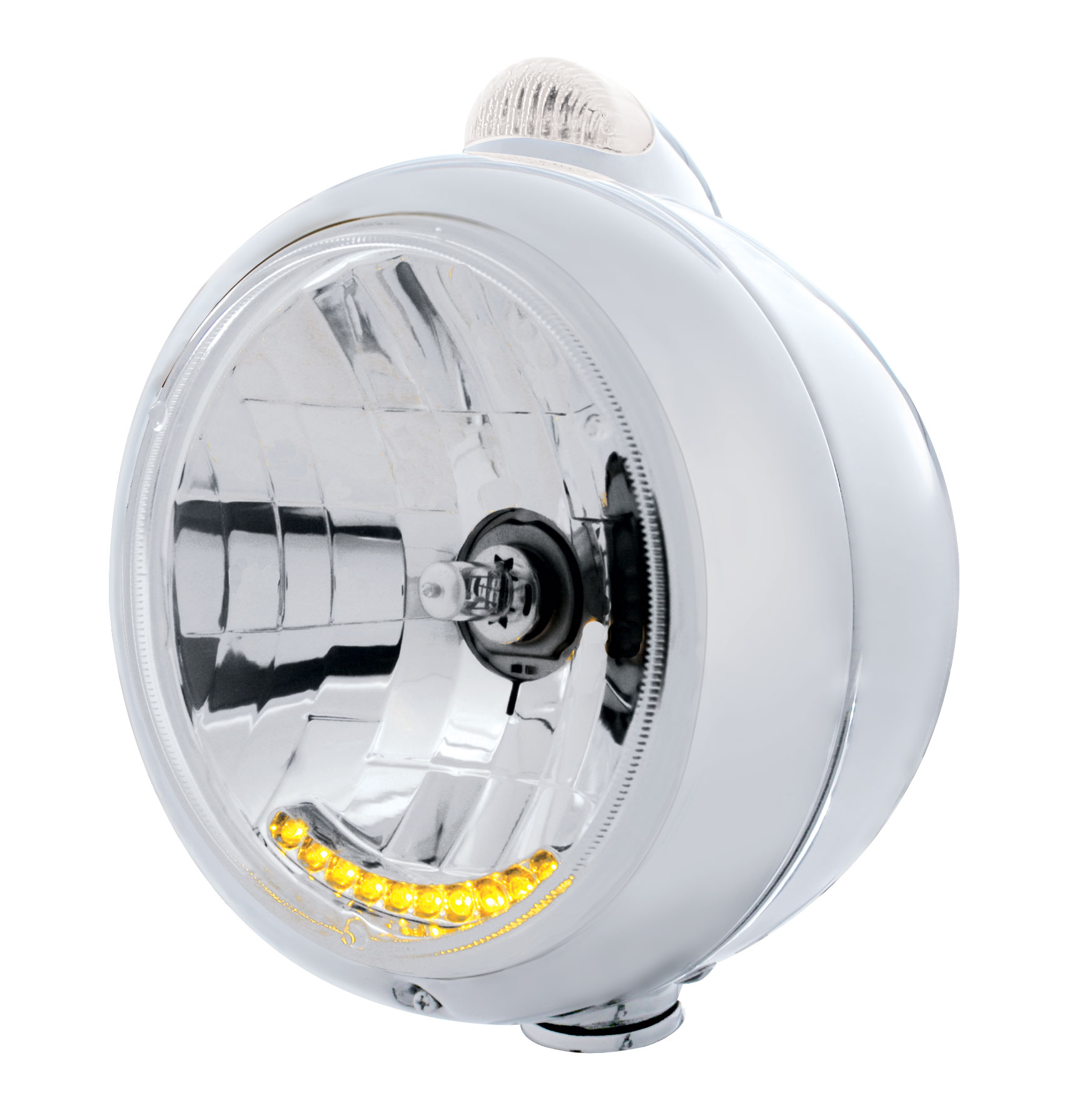 Stainless Steel "Guide" Headlight W/ Amber/Clear Dual Function Top Mount Light - 10 Amber Led Crystal Halogen