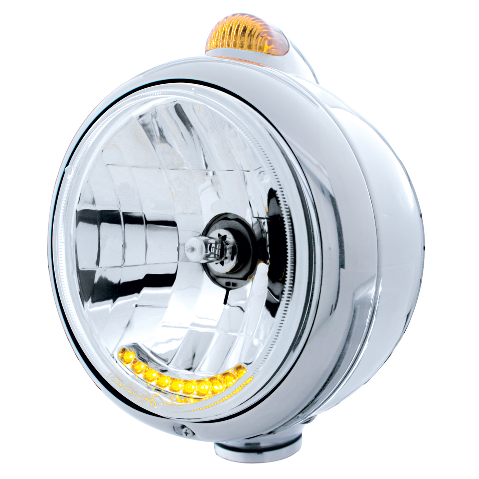 Chrome "Guide" Headlight W/ Amber Dual Function Top Mount Light - 10 Amber Led Crystal Halogen