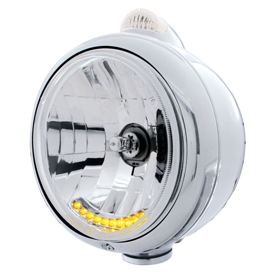 Chrome "Guide" Headlight W/ Amber/Clear Dual Function Top Mount Light - 10 Amber Led Crystal Halogen
