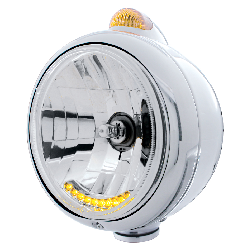 Chrome "Guide" Headlight W/ Amber Single Function Top Mount Light - 10 Amber Led Crystal Halogen