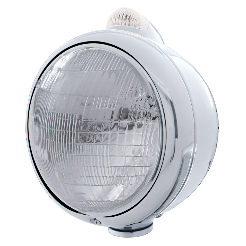 Stainless Steel "Guide" 6014 Sealed Beam Headlight With 5 Amber Led Dual Function Top Mount Light - Clear Lens