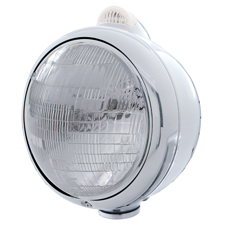 Chrome "Guide" 6014 Sealed Beam Headlight With 5 Amber Led Dual Function Top Mount Light - Clear Lens