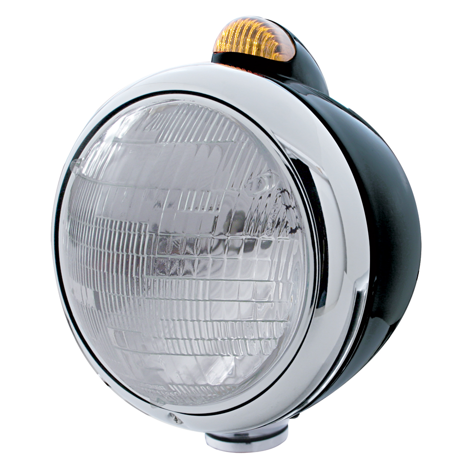 Black "Guide" 6014 Sealed Beam Headlight With 5 Amber Led Dual Function Top Mount Light - Amber Lens