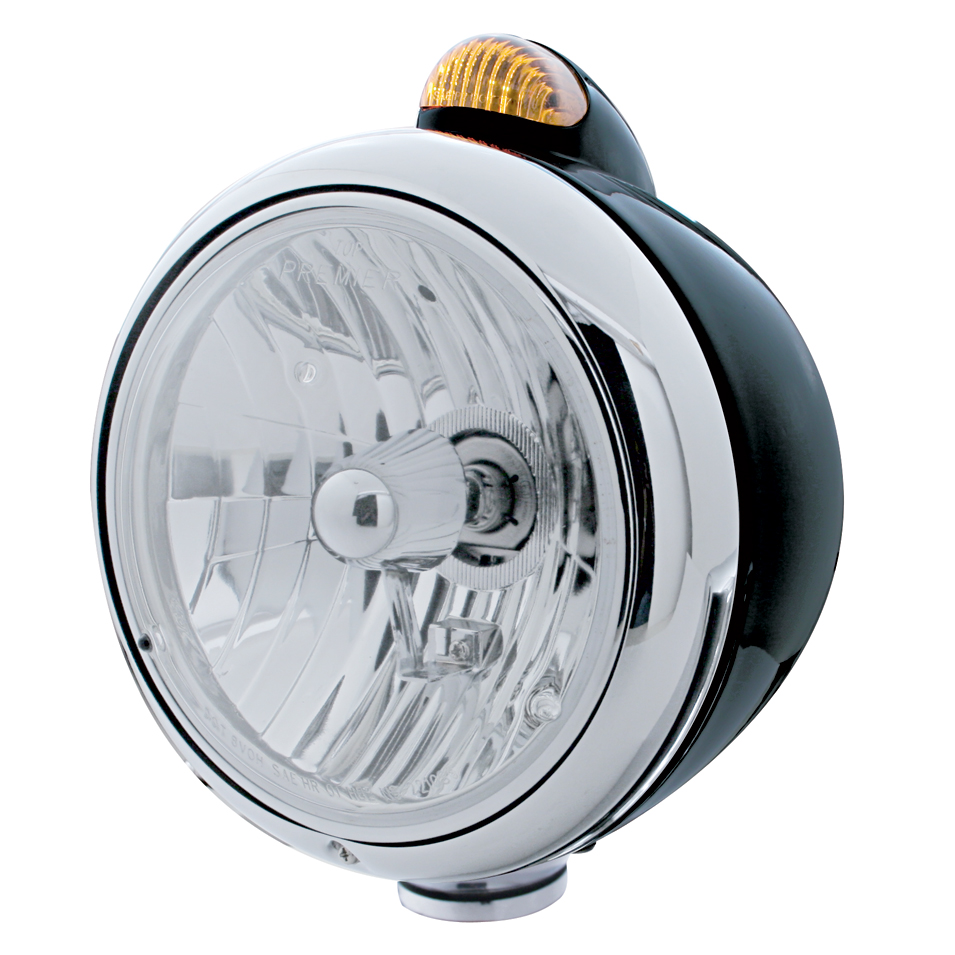 Blk "Guide" Crystal H4 Halogen Headlight With 5 Amber Led Dual Function Top Mount Light - Amber Lens