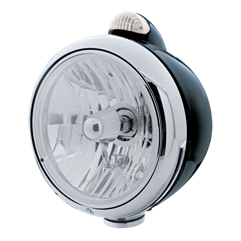 Blk "Guide" Crystal H4 Halogen Headlight With 5 Amber Led Dual Function Top Mount Light - Clear Lens
