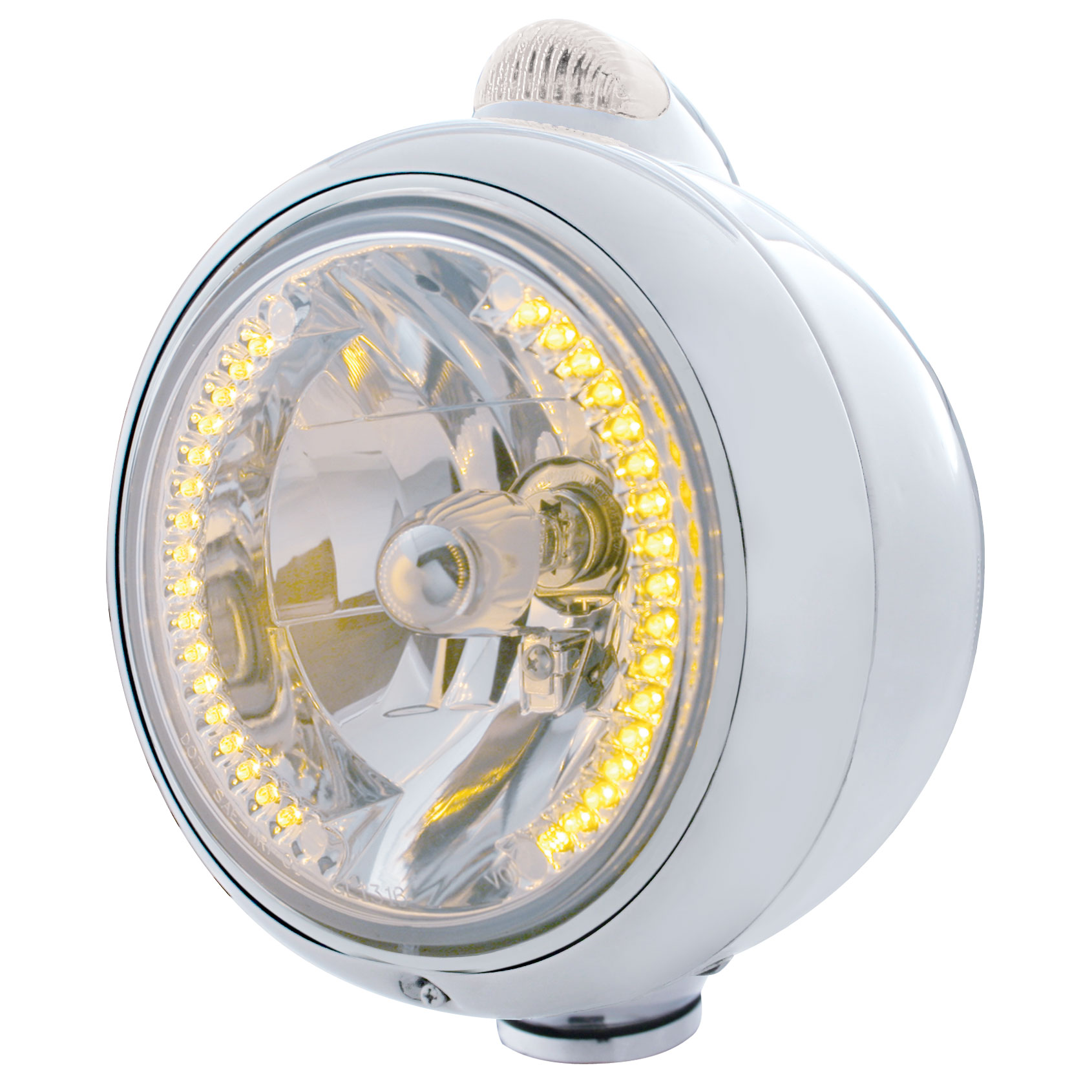 Stainless Steel "Guide" Headlight W/ Amber/Clear Dual Function Top Mount Light - 34 Amber Led Crystal Halogen