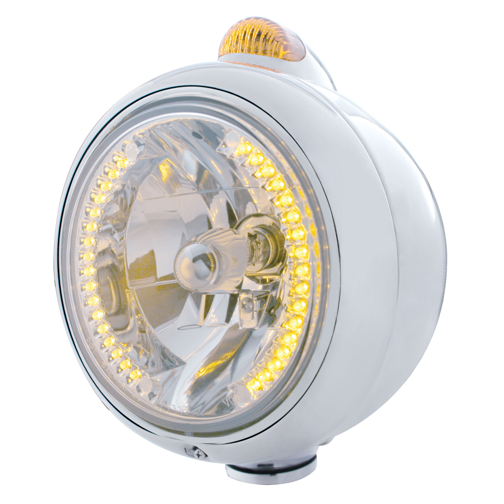 Stainless Steel "Guide" Headlight W/ Amber Top Mount Light - 34 Amber Led Crystal Halogen