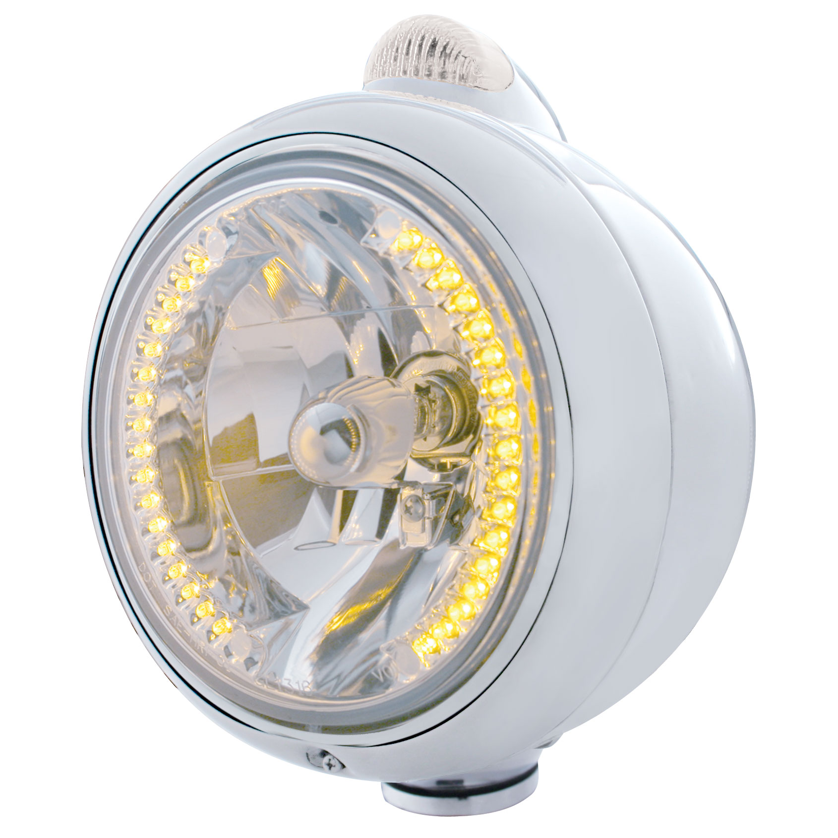 Stainless Steel "Guide" Headlight W/ Amber/Clear Top Mount Light - 34 Amber Led Crystal Halogen