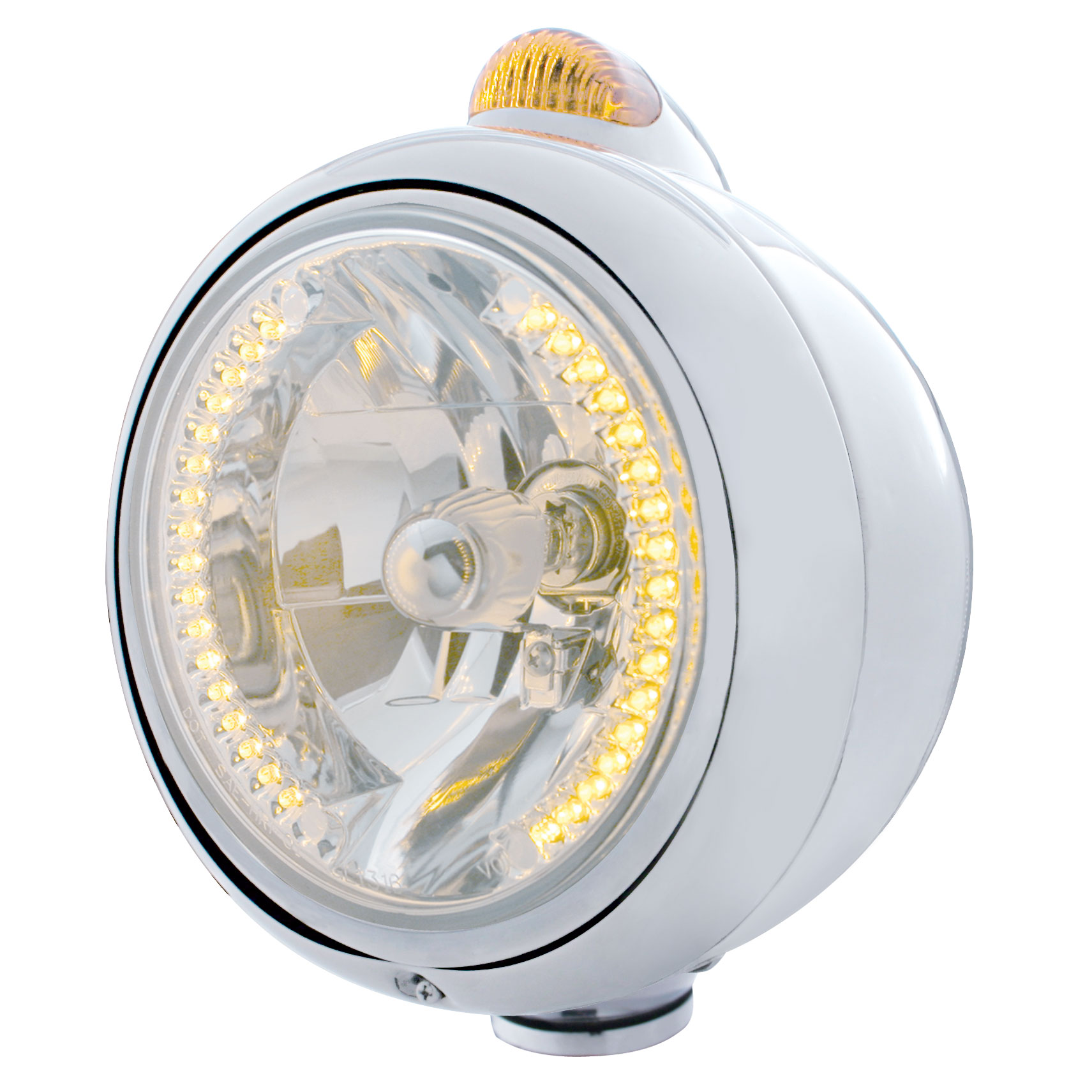 Chrome "Guide" Headlight W/ Amber Top Mount Light - 34 Amber Led Crystal Halogen