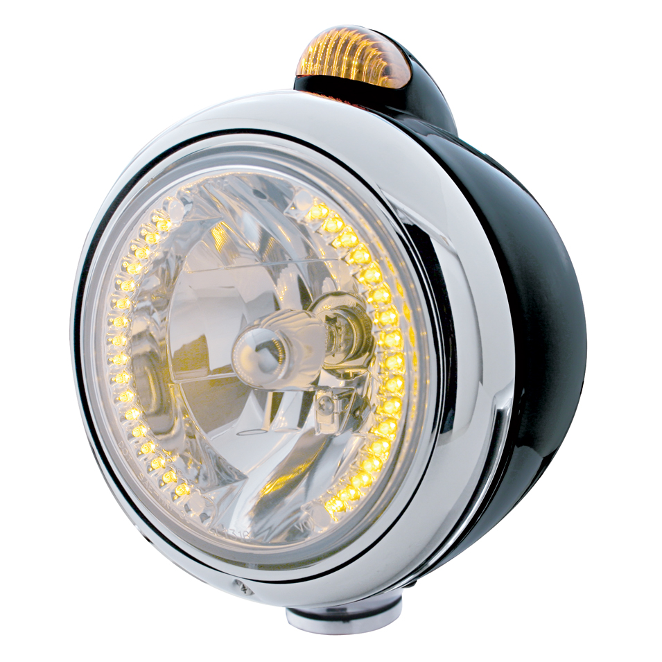 Black "Guide" Headlight W/ Amber Dual Function Top Mount Light - 34 Amber Led Crystal Halogen