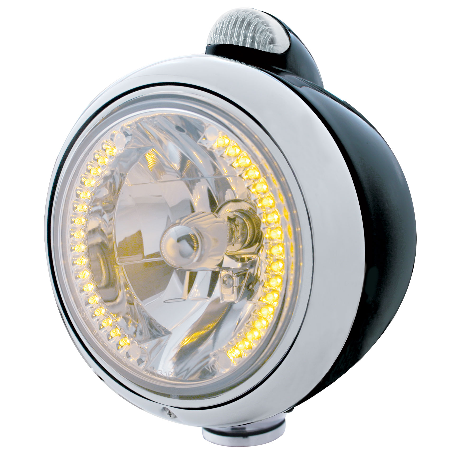 Black "Guide" Headlight W/ Amber/Clear Dual Function Top Mount Light - 34 Amber Led Crystal Halogen