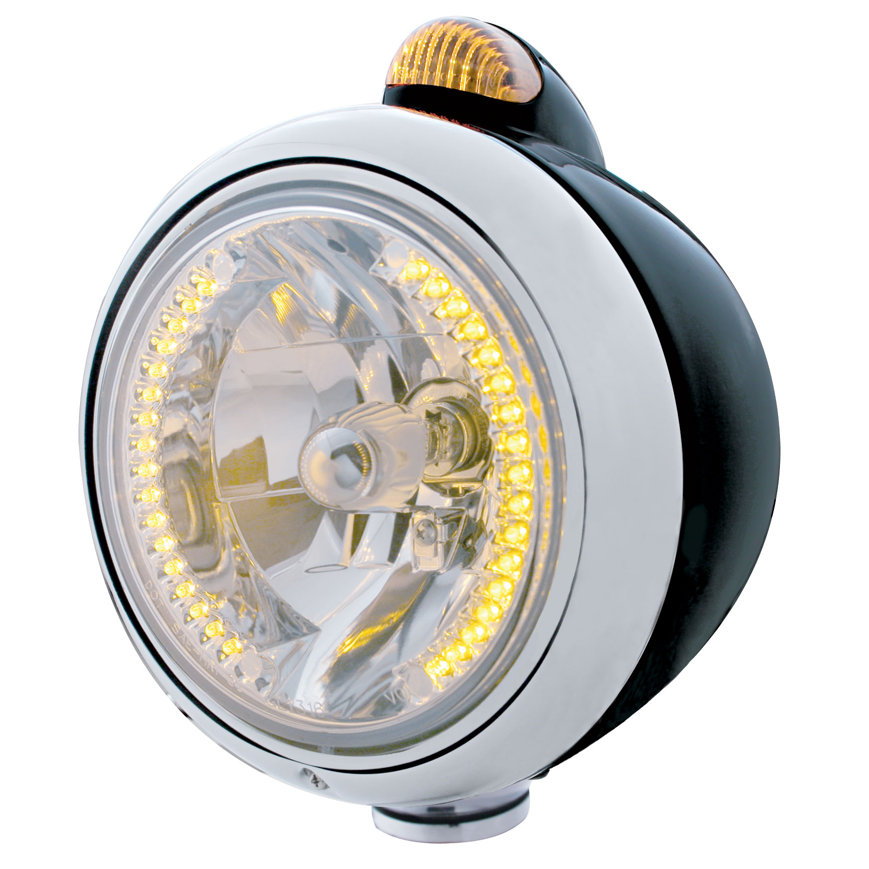 Black "Guide" Headlight W/ Amber Top Mount Light - 34 Amber Led Crystal Halogen