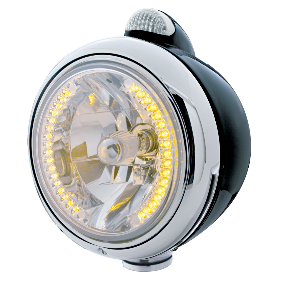 Black "Guide" Headlight W/ Amber/Clear Top Mount Light - 34 Amber Led Crystal Halogen