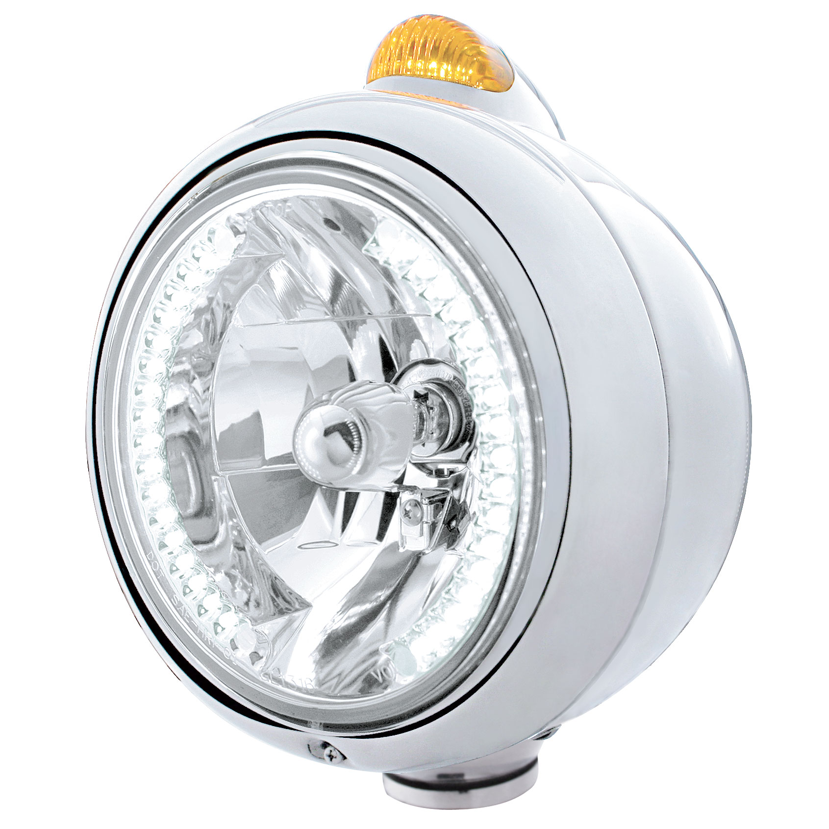 Stainless Steel "Guide" Headlight W/ Amber Top Mount Light - 34 White Led Crystal Halogen