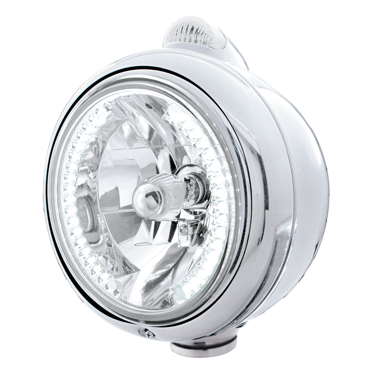 Chrome "Guide" Headlight W/ Amber/Clear Top Mount Light - 34 White Led Crystal Halogen