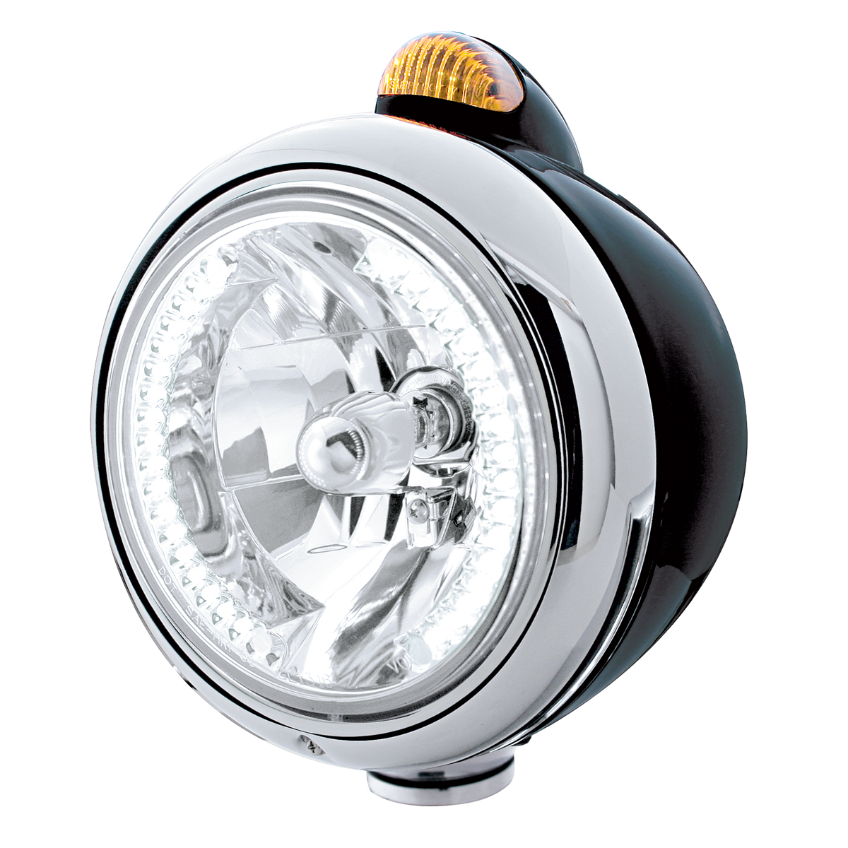 Black "Guide" Headlight W/ Amber Dual Function Top Mount Light - 34 White Led Crystal Halogen