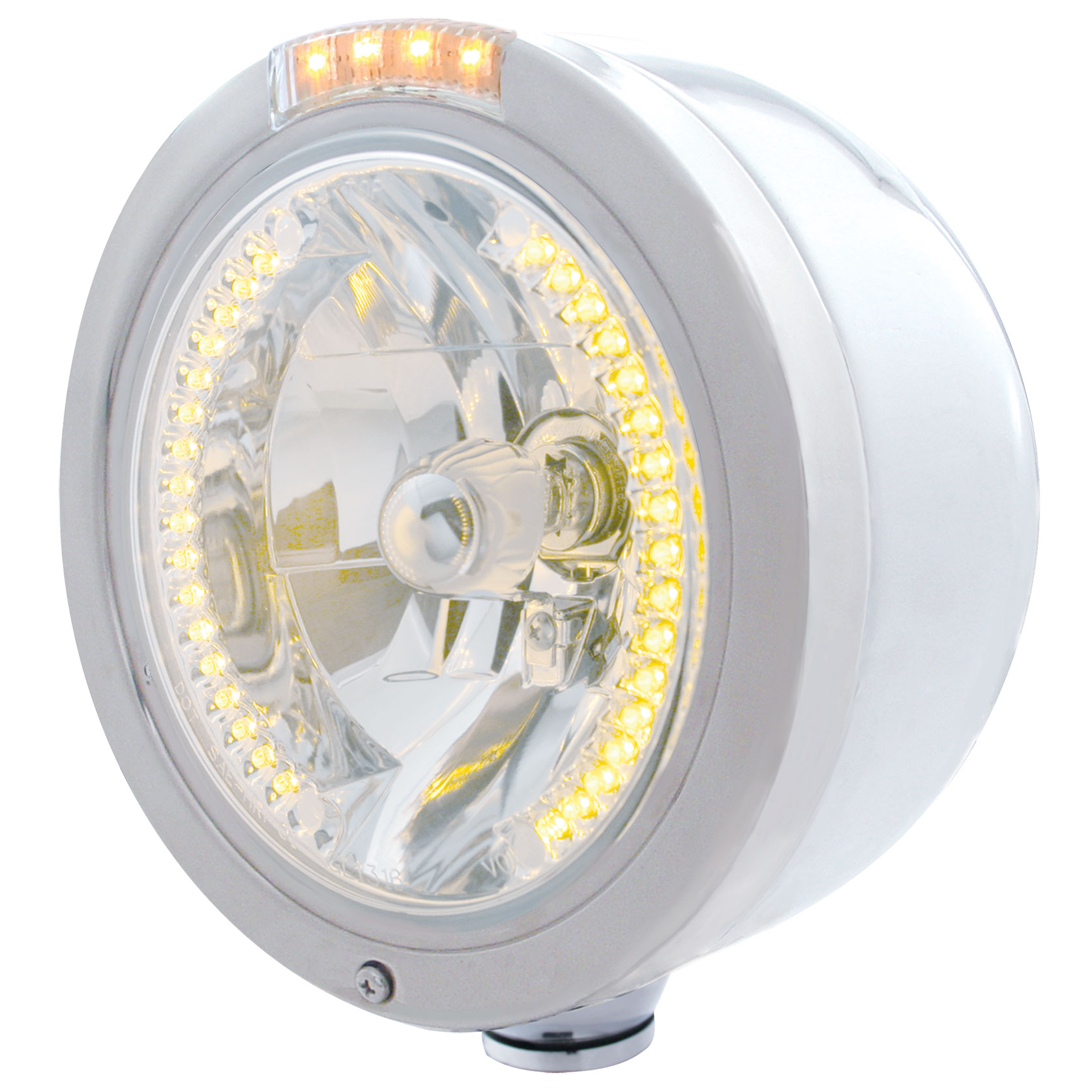 Stainless Steel Peterbilt "Bullet" Half-Moon Peterbilt Headlight W/ Amber/Clear Signal Light - 34 Amber Led Crystal Halogen