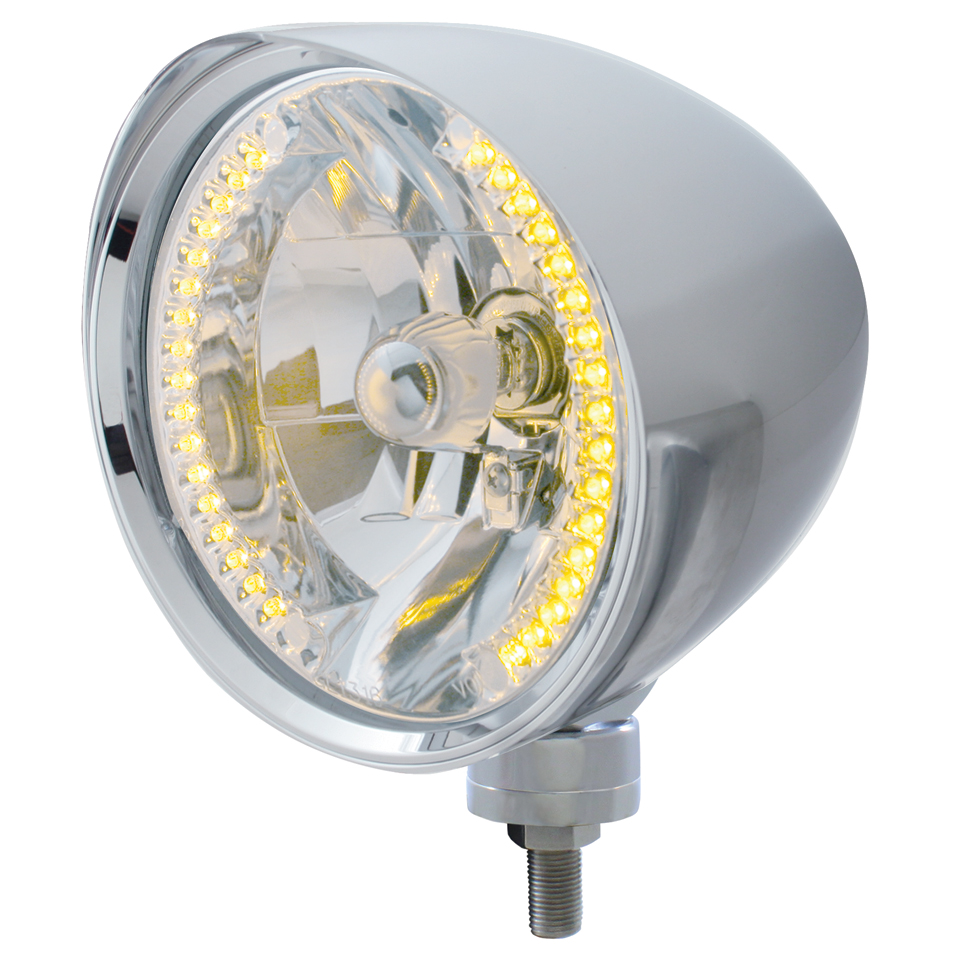 Chrome Aluminum 7" Billet Style "Chopper" Motor Vehicle/Truck Mount Headlight With Smooth Visor - 34 Amber Auxiliary Led