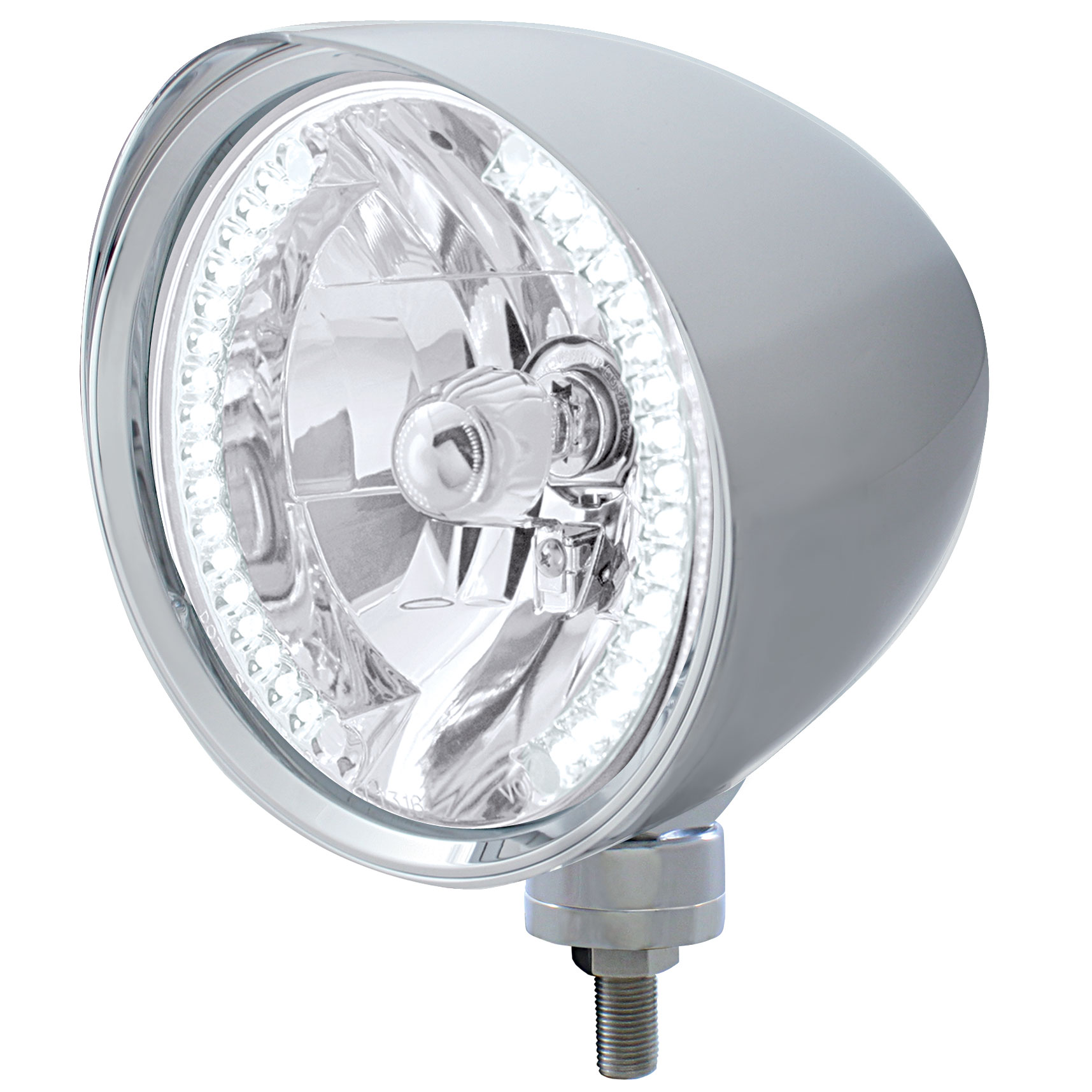 Chrome Aluminum 7" Billet Style "Chopper" Motor Vehicle/Truck Mount Headlight With Smooth Visor - 34 White Auxiliary Led