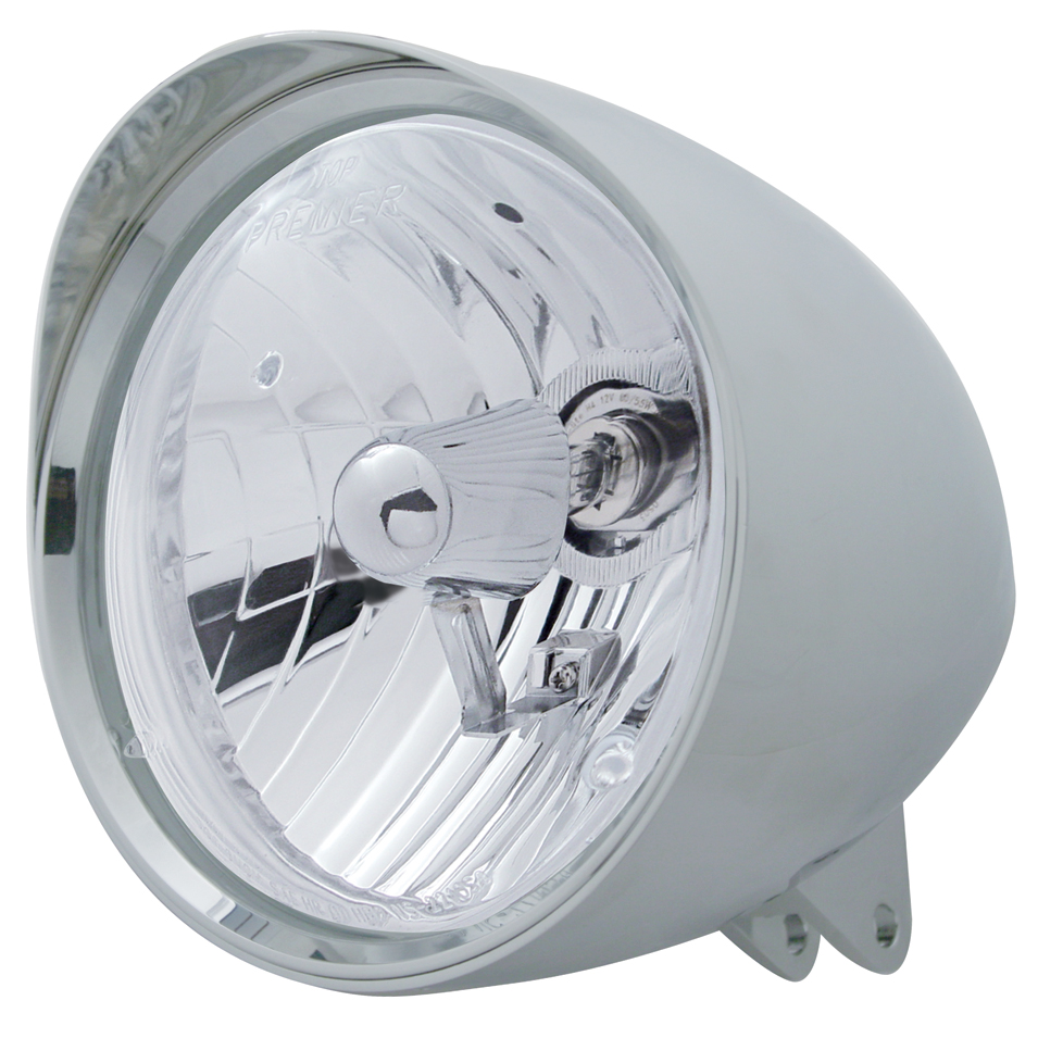 Chrome Aluminum 7" Billet Style "Chopper" Motorcycle Mount Headlight With Smooth Visor - Crystal H4 Halogen