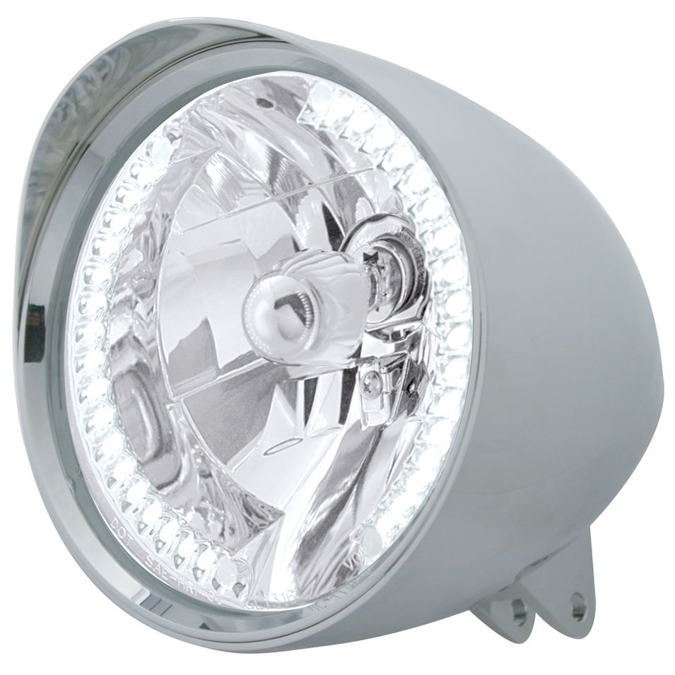 Chrome Aluminum 7" Billet Style "Chopper" Motorcycle Mount Headlight With Smooth Visor - 34 White Auxiliary Led
