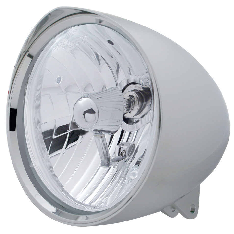 Chrome Aluminum 7" Billet Style "Chopper" Motorcycle Mount Headlight With Razor Visor - Crystal H4 Halogen