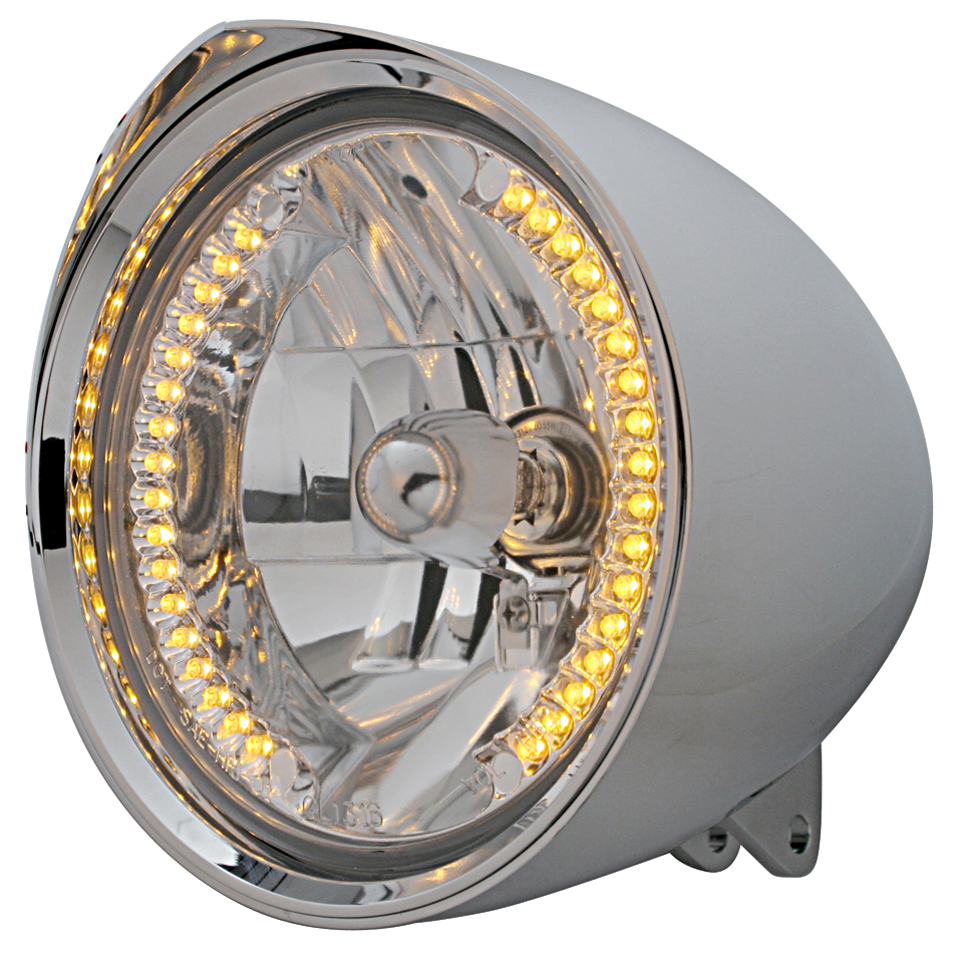 Chrome Aluminum 7" Billet Style "Chopper" Motorcycle Mount Headlight With Razor Visor - 34 Amber Auxiliary Led