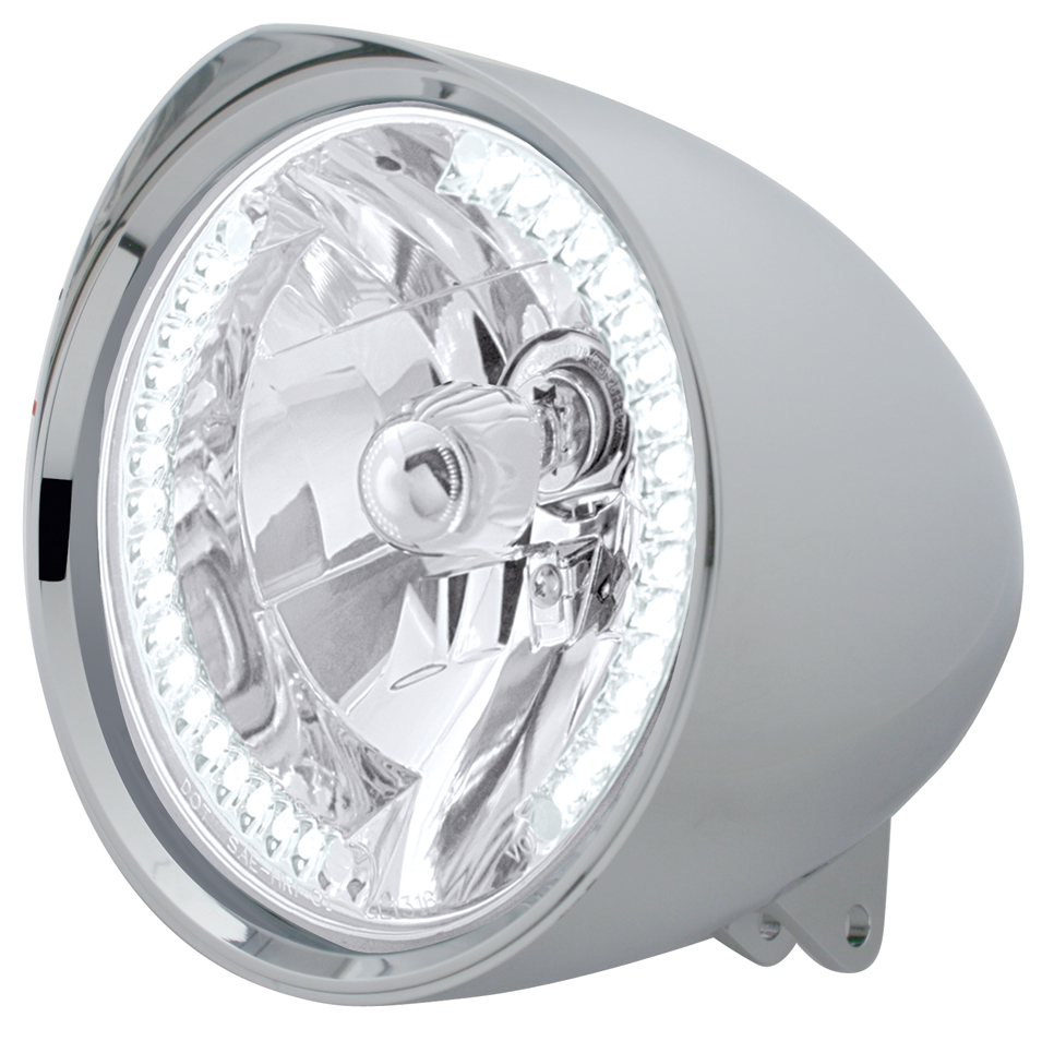 Chrome Aluminum 7" Billet Style "Chopper" Motorcycle Mount Headlight With Razor Visor - 34 White Auxiliary Led